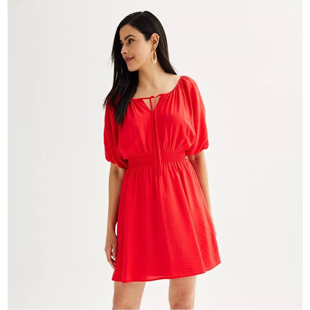 Nine West Women’s Plus Size Tie Neck Puff Sleeve Cincled Mini Dress Sun Dress